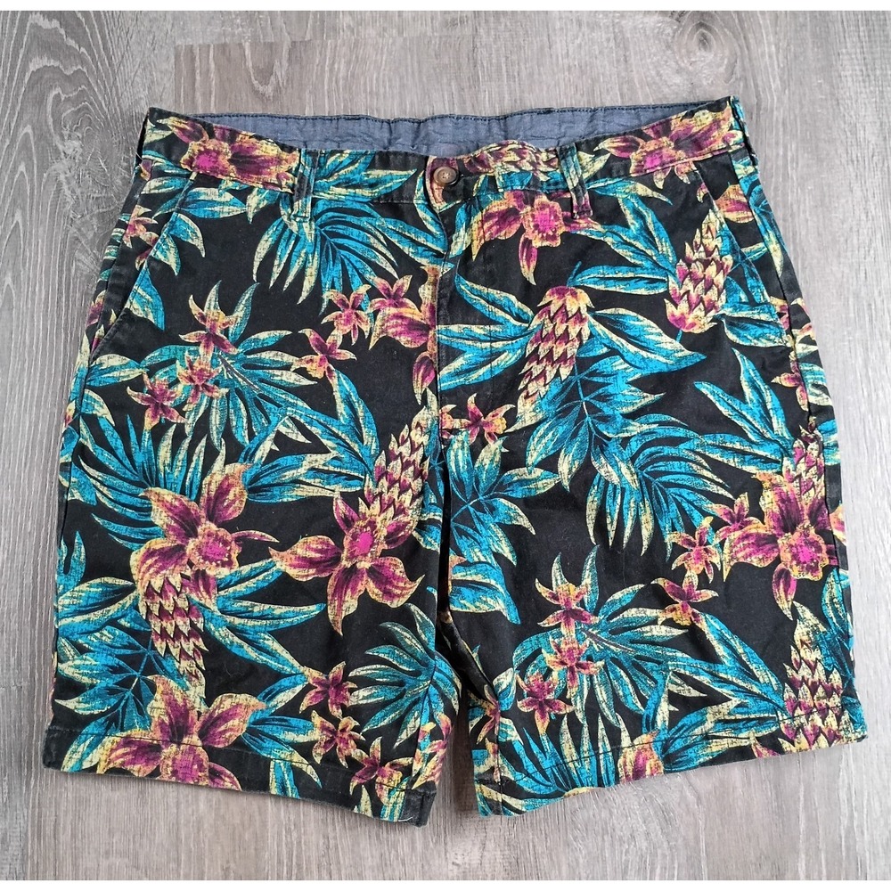 George Tropical 36 Shorts Black‎ Floral Hawaiian Pockets Belt Loops Chino